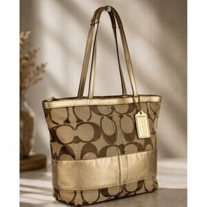 Coach Signature Stripe Tote Bag Metallic Gold Khaki Canvas Zip Top F0871-12978